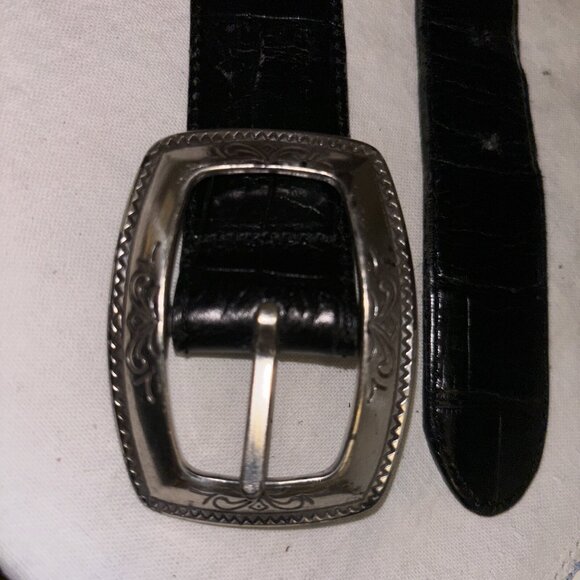 Vintage Brighton 1996 Brown/Black Leather Belt Silver Buckle Embellished M23903 - Picture 2 of 8